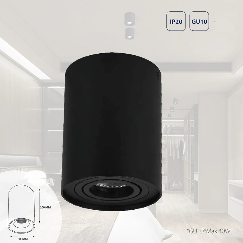 L.TECHO CILINDRO PLASTICO 1XGU10  BK # DWL-02-PBK-Z
